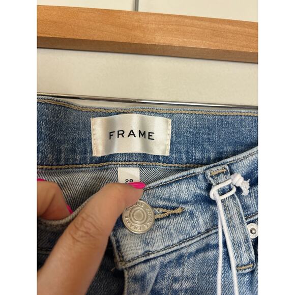 NWT Frame Le Easy Flare Raw Fray Hem Stretch High Rise Jeans Blue Size: 28 - Picture 5 of 9